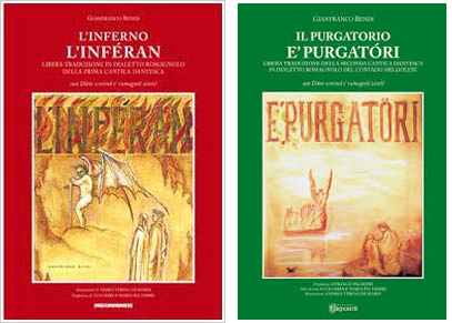 Le copertine delle prime due parti della Divina Commedia in dialetto romagnolo scritte da Gianfranco Bendi.