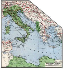 L’Italia e le sue colonie evidenziate in verde in una carta dell’Istituto Gegrafico De Agostini stampata nel 1939. Collezione privata.(Clicca per ingrandire)