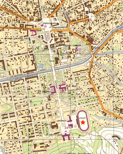 Un dettaglio della mappa precedente: si osserva ancora l’asse monumentale che dal centro di Tirana conduce allo Stadio (contrassegnato con una stella) attraverso il quartiere-giardino.
