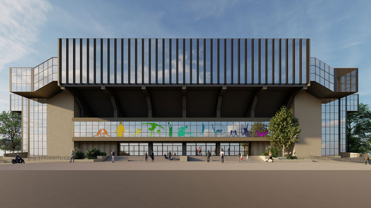 Render di progetto del PalaRaschi di Parma: la facciata