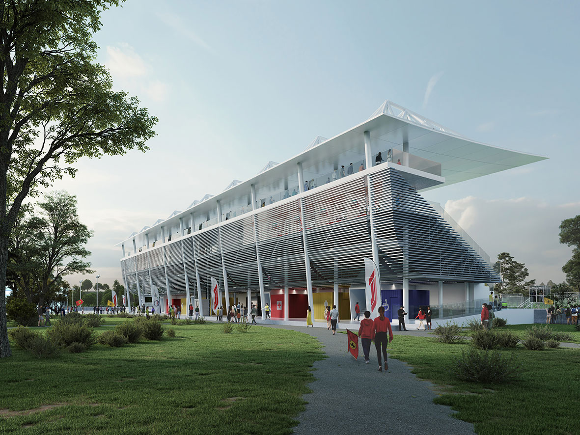 Render di progetto delle nuove tribune dell'autodromo di Monza.