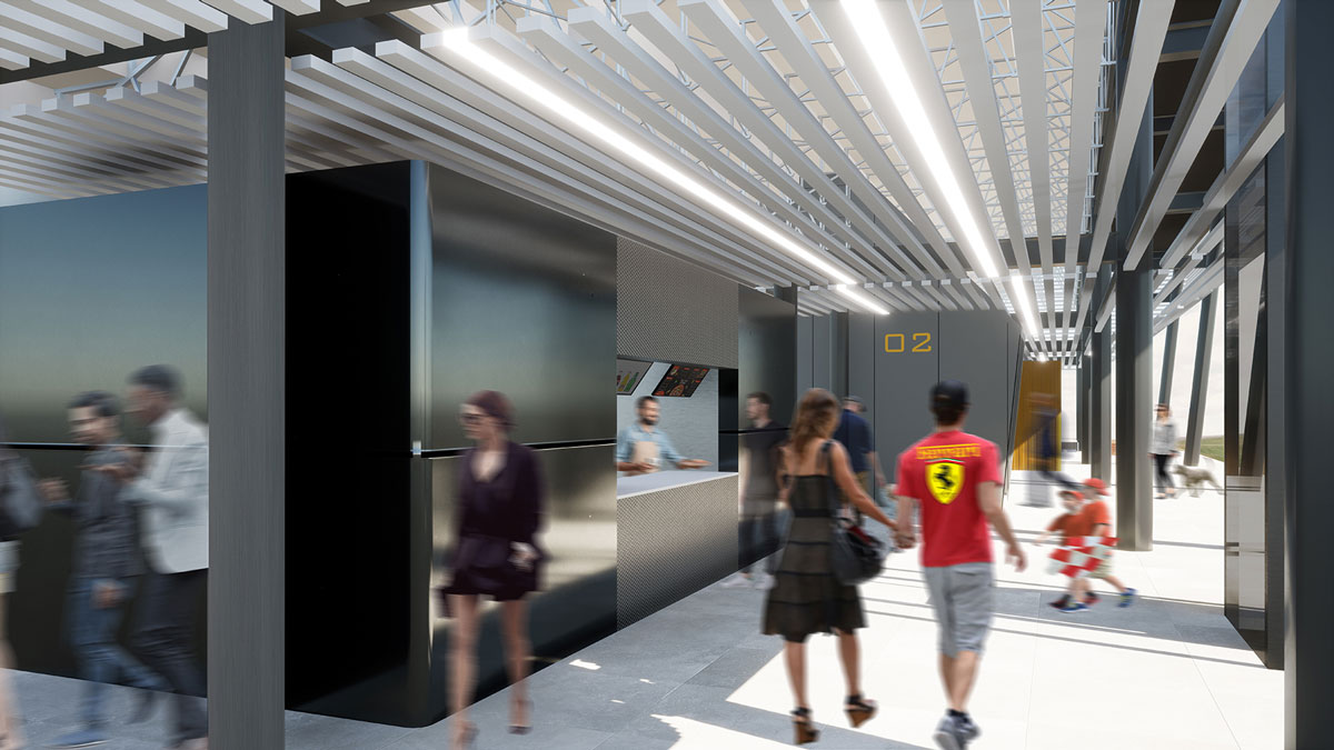 Render di progetto delle nuove tribune dell'autodromo di Monza.