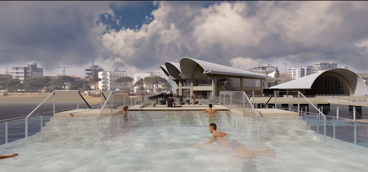 Render di progetto della nuova Terrazza a mare di Lignano Sabbiadoro (©GDA Arch. Giulia de Appolonia)