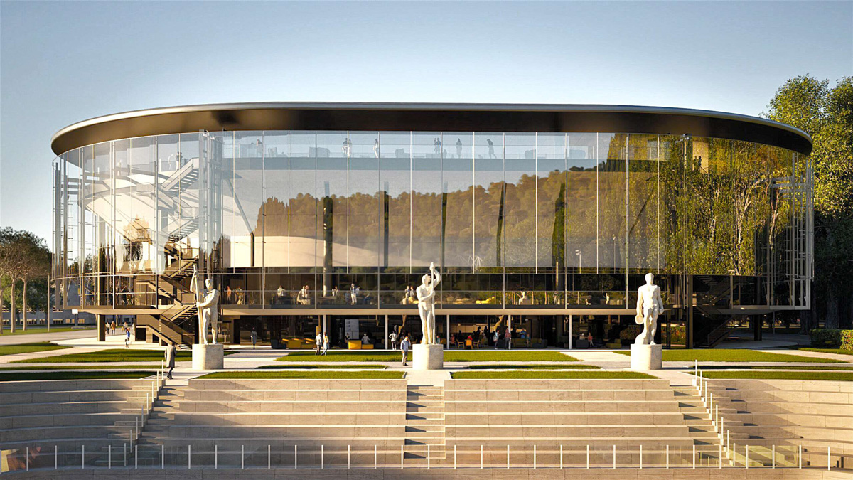 Rendering di progetto - copertura del Campo Centrale di tennis al Foro Italico di Roma